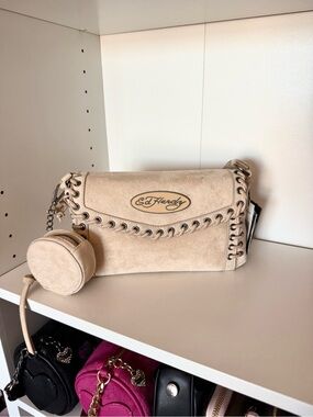 Ed Hardy Beige Suede Shoulder Bag with Coin Pouch